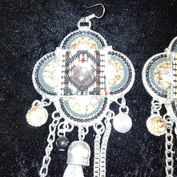 Iris Apfel & Bajalia Gray & Silver Embellished Tasseled HUGE Statement Earrings - Picture 9 of 11